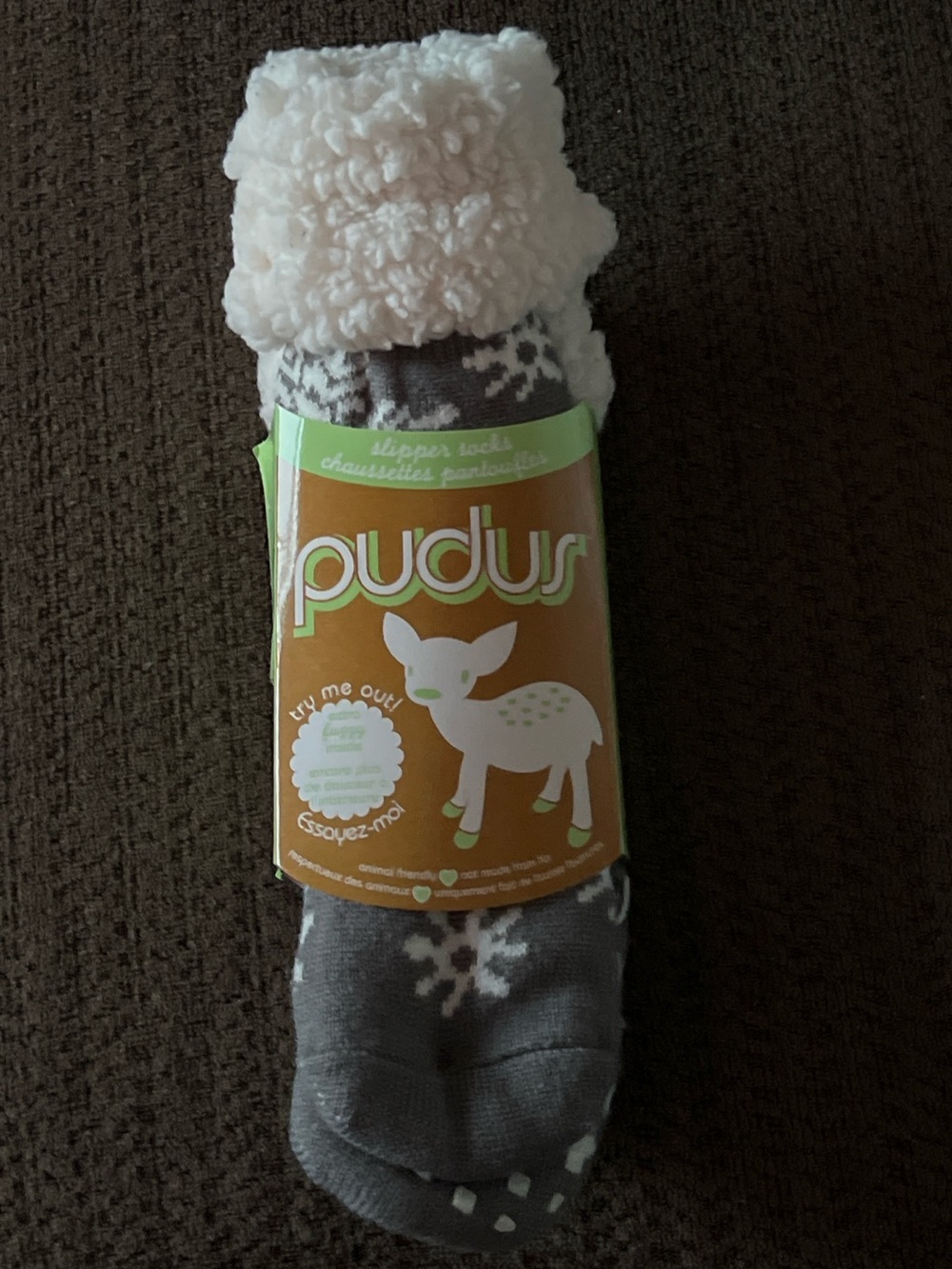 Pudus Sherpa Slipper Socks Gray Snowflake Non Slip Cozy Socks